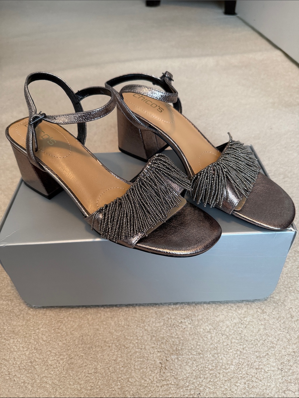 New In Box - Chico's Metallic Pewter Fringe Block Heel Sandals